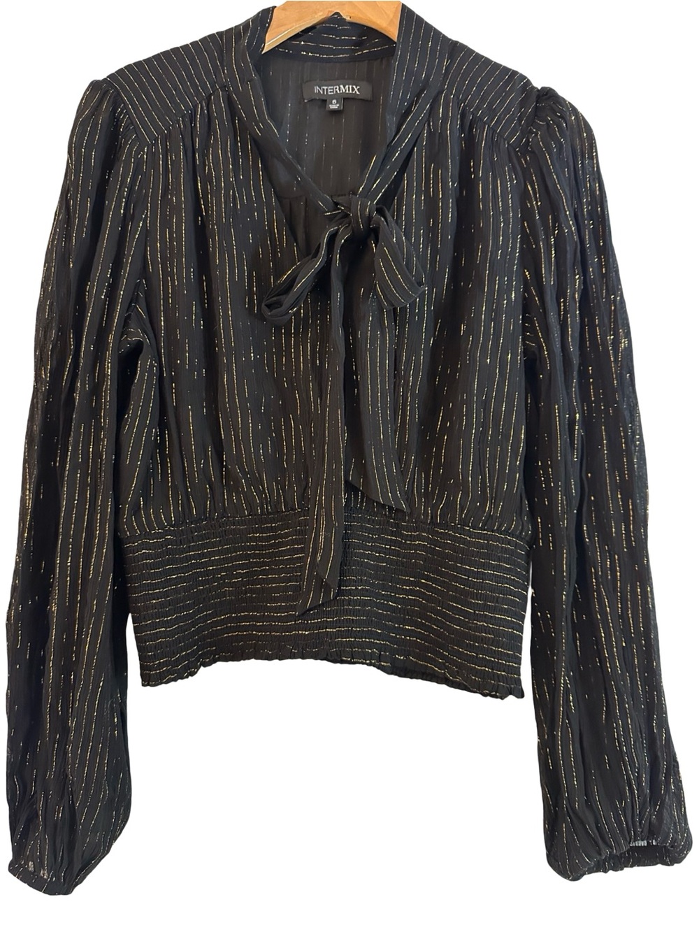 INTERMIX Women’s Size 6 Black w Gold Lurex Stripe Tie-Neck Blouse Top Shirt